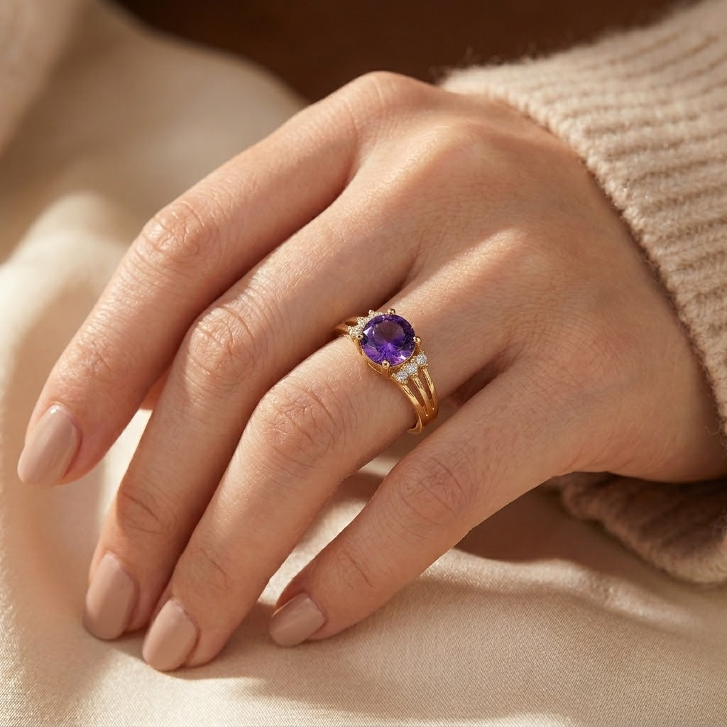 Gullring med ametyst og delt ringskinne