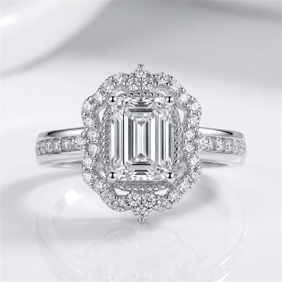 Rectangle Diamond Halo Ring