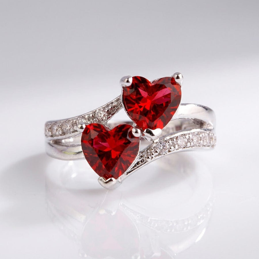 Double Red Heart Silver Ring