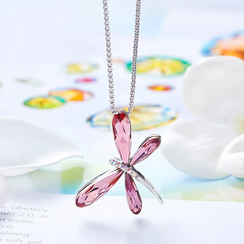 Pink Dragonfly Crystal Pendant Necklace