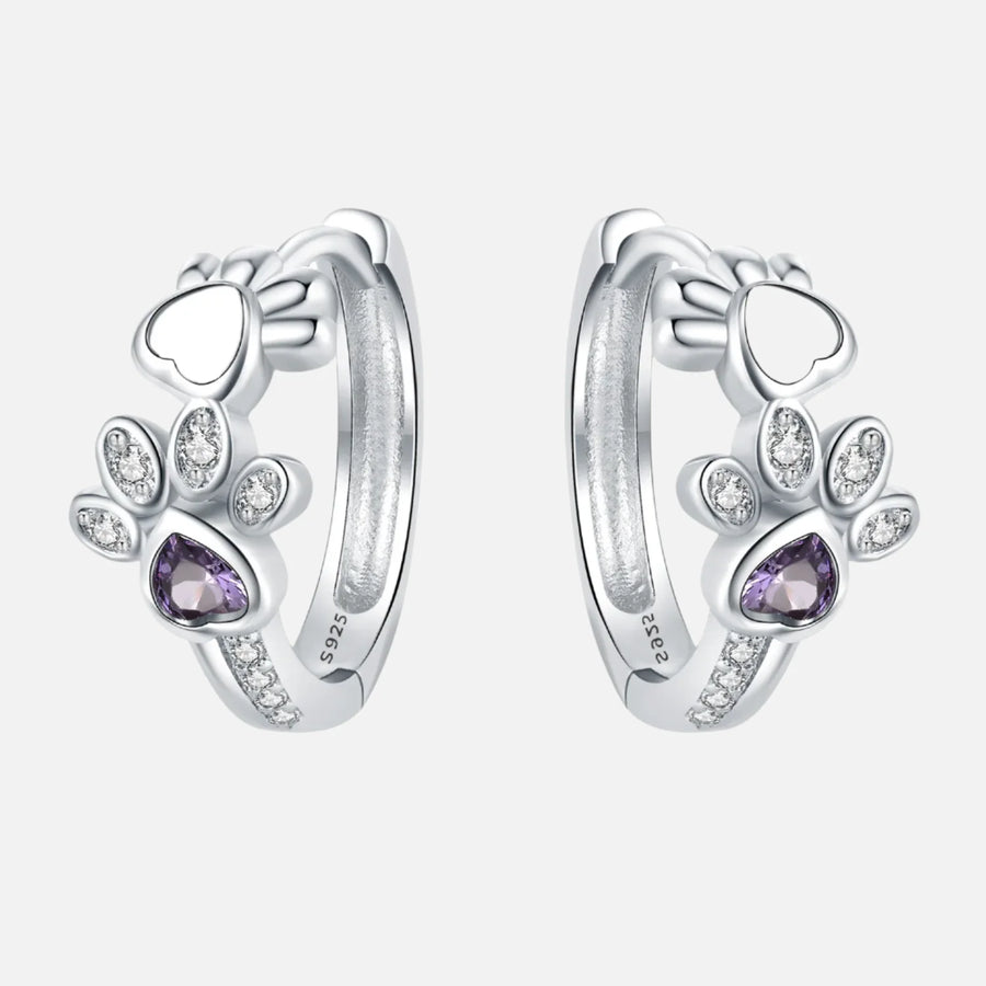 Paw Huggie Earrings in 925 Sterling Silver – With Zirconia and Heart Gem