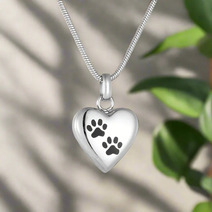 Pet Memorial Urn Necklace – Heart-Shaped Pendant with Paw Engraving