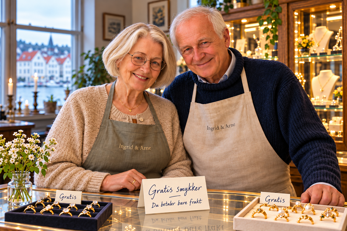 Ingrid og Arne i butikken med små håndskrevne kort: Gratis smykker, du betaler bare frakt.