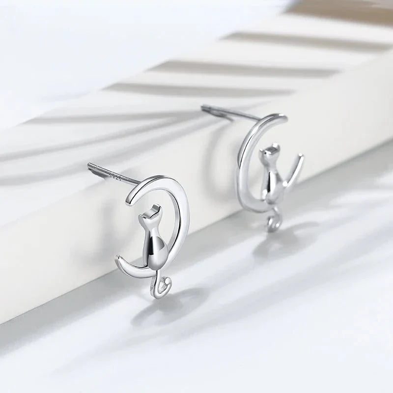 Moon & Cat Sterling Silver Stud Cat Earrings