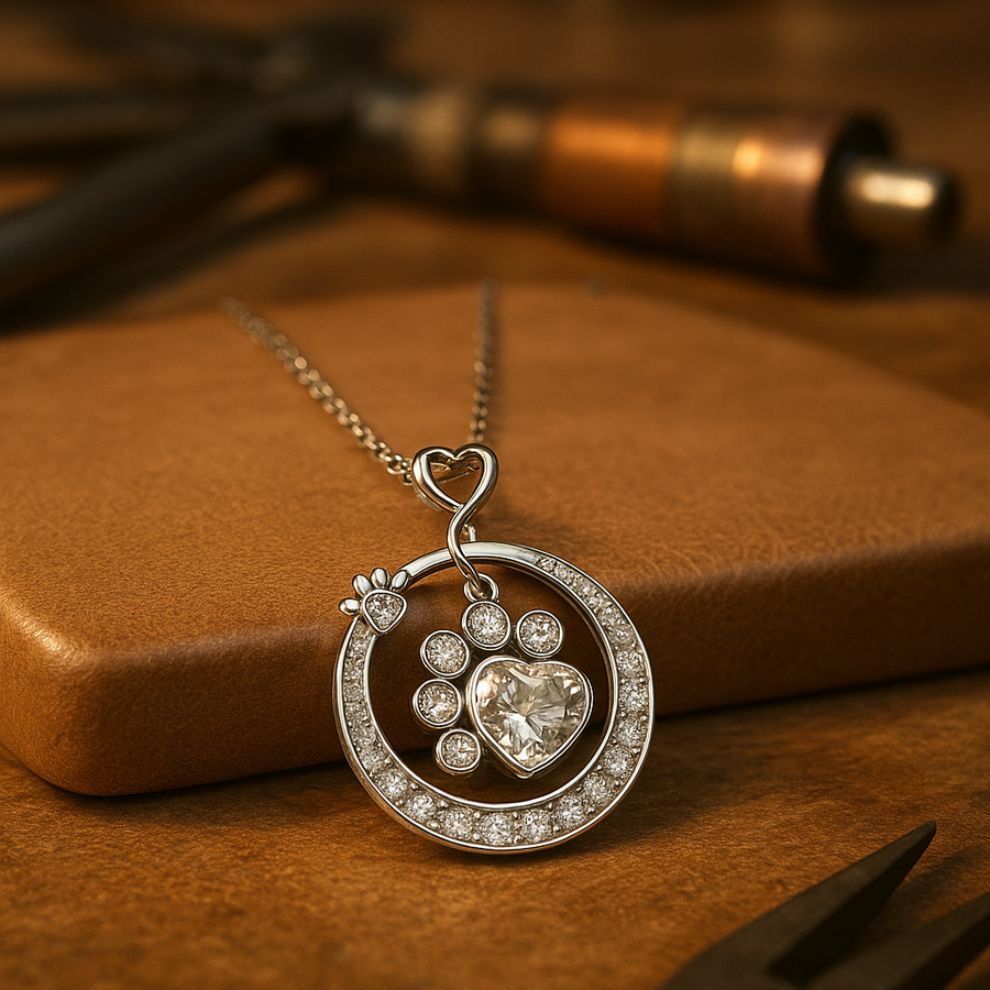 Cute Paw Print Necklace in 925 Sterling Silver with Cubic Zirconia