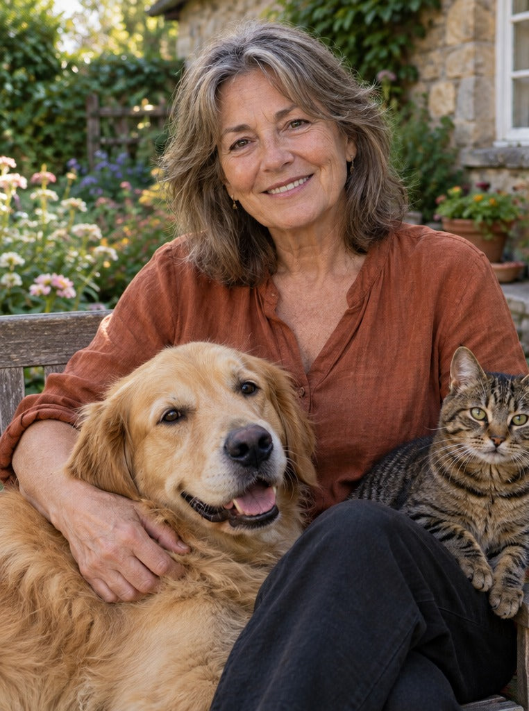 Calden with a golden retriever and cat